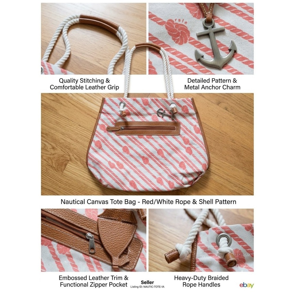 Rafe New York Clarins Nautical Canvas Tote Bag Red White Rope Shell Anchor Charm